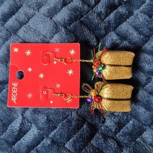 Christmas Present Dangle Earrings With Bells, New With Tags!